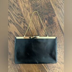 Etra 1960's Black Vintage Envelope Clutch Metal Chain - Genuine Leather Purse